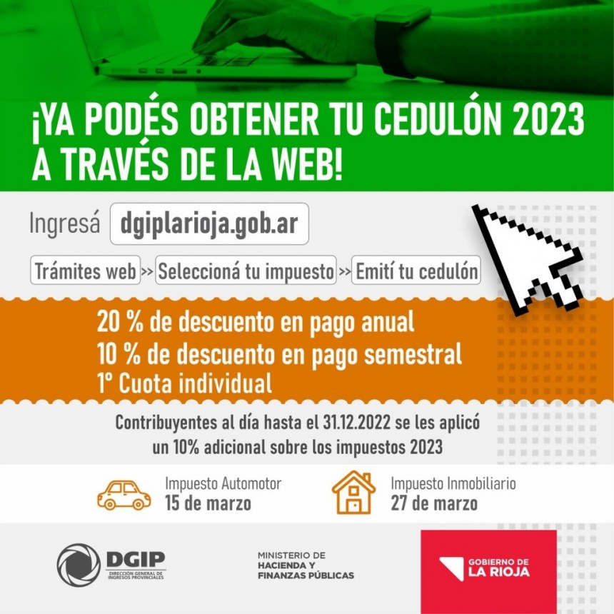 La DGIP comunica que las y los contribuyentes ya pueden abonar los impuestos al Automotor y al Inmueble 2023 con importantes descuentos y amplias modalidades de pago