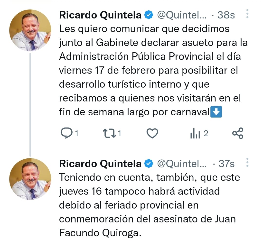 El Gobernador Quintela decretó asueto el Viernes 17