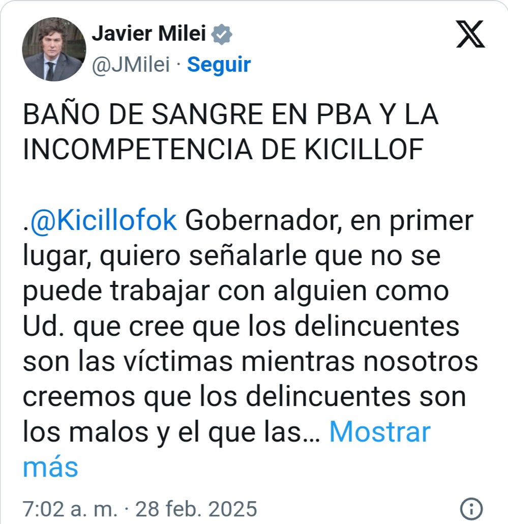 Por si faltaba algo. Milei presiona a Kicillof, exige su renuncia y amenaza con intervenir la Provincia. 