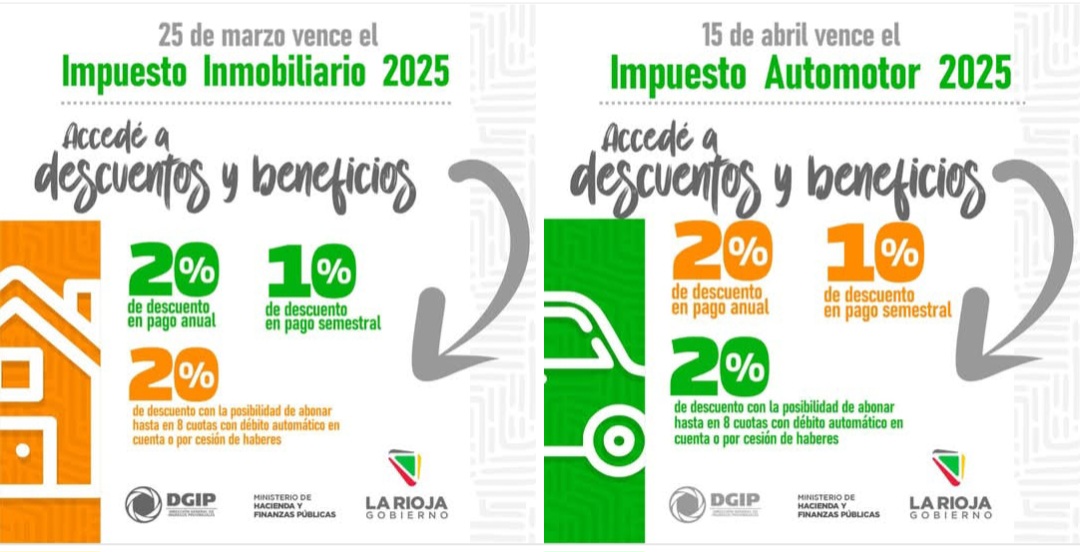 Anuncian fechas de vencimiento y descuentos para el pago del Impuesto Inmobiliario y Automotor.