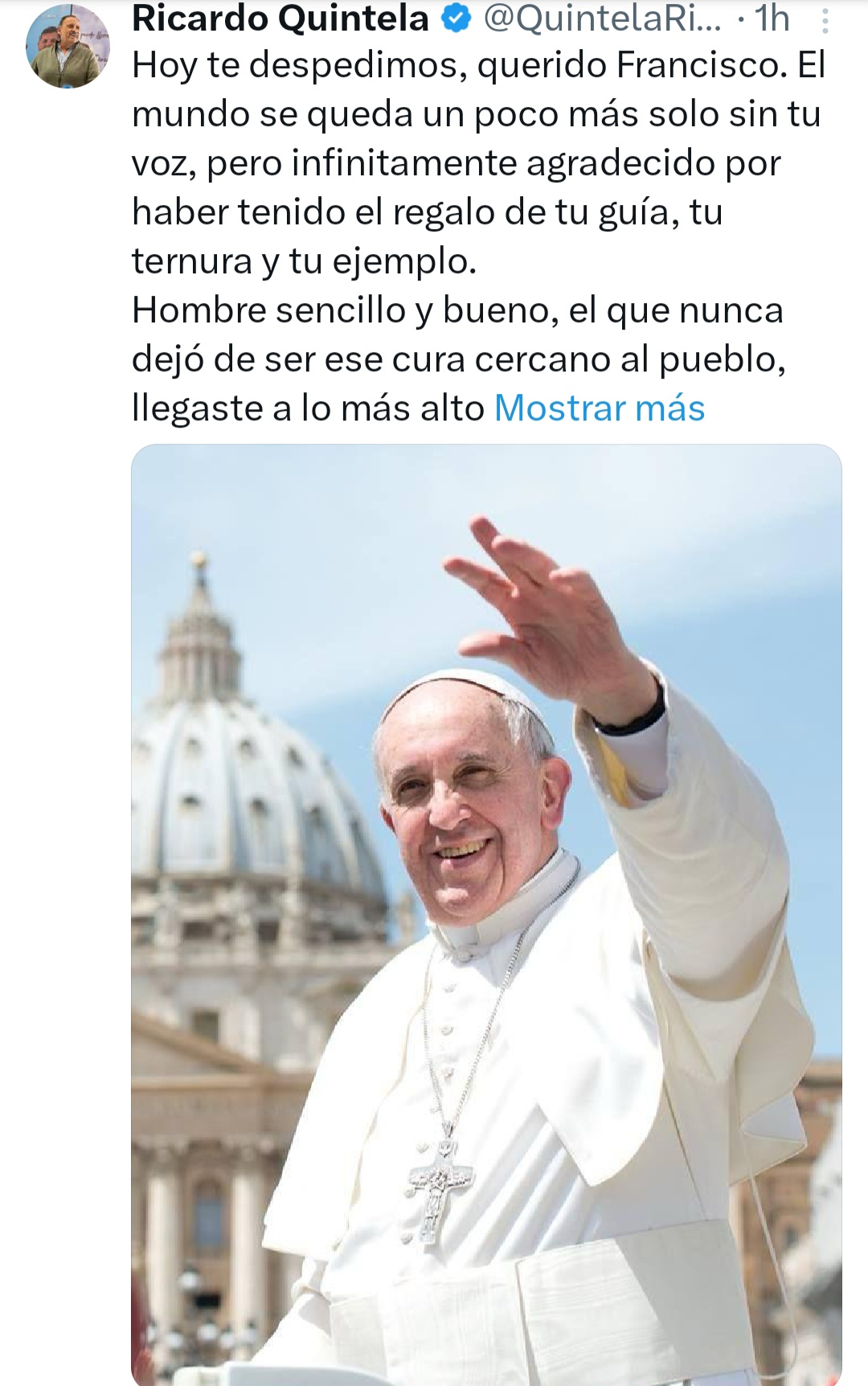 Quintela sobre la muerte de Francisco: “Tus palabras nos abrazaron en los momentos más oscuros”. 