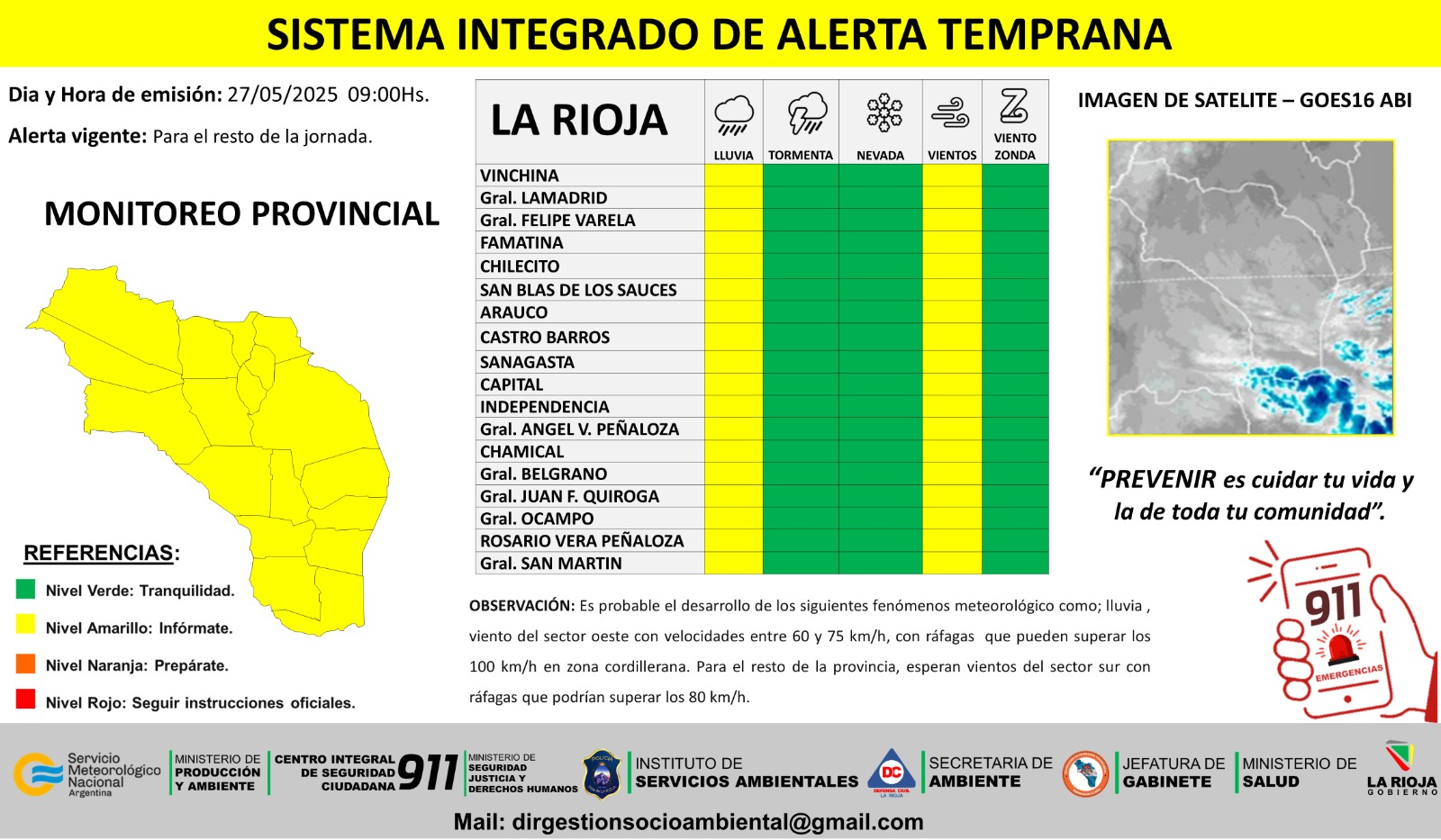 Alerta por lluvias y ráfagas de viento para todo el territorio provincial