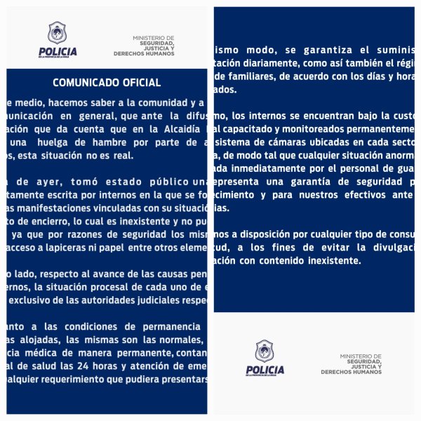 El Ministerio de Seguridad desminti&oacute; huelga de internos en la Alcaid&iacute;a Policial