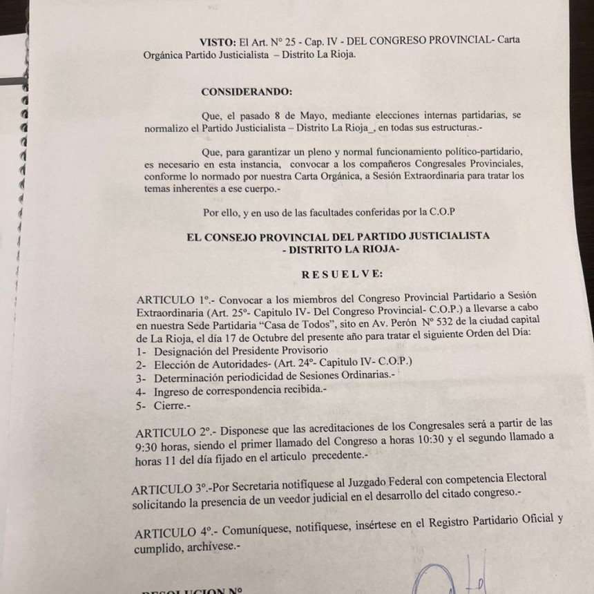 Convocan a sesión extraordinaria del Congreso del PJ para el 17 de octubre 