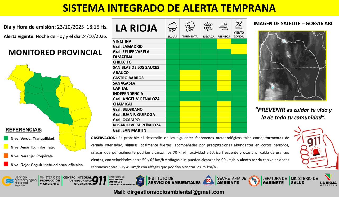 Difunden alerta preventiva por tormentas, vientos y viento zonda.
