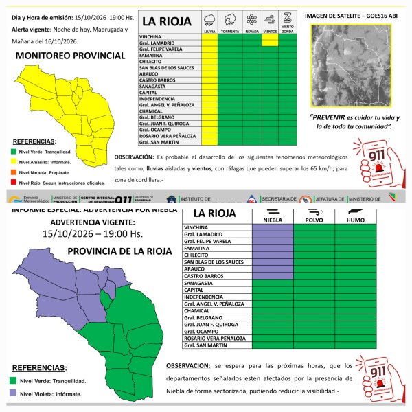 Emiten alerta preventivo por lluvias, vientos y niebla