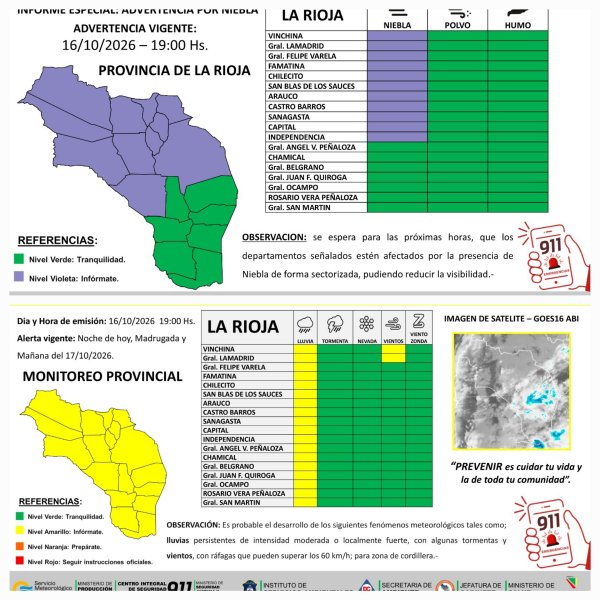 Difunden alerta preventivo por lluvias, vientos y niebla