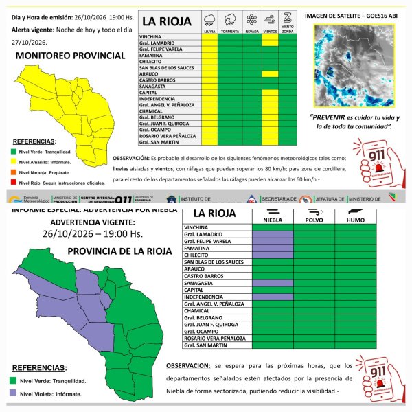 Emiten alerta amarilla por lluvias, vientos y niebla 