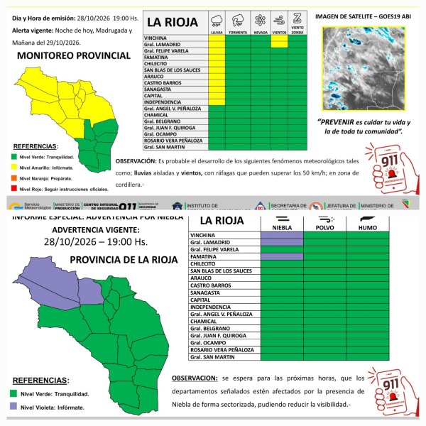 Difunden alerta preventivo por lluvias, vientos y niebla
