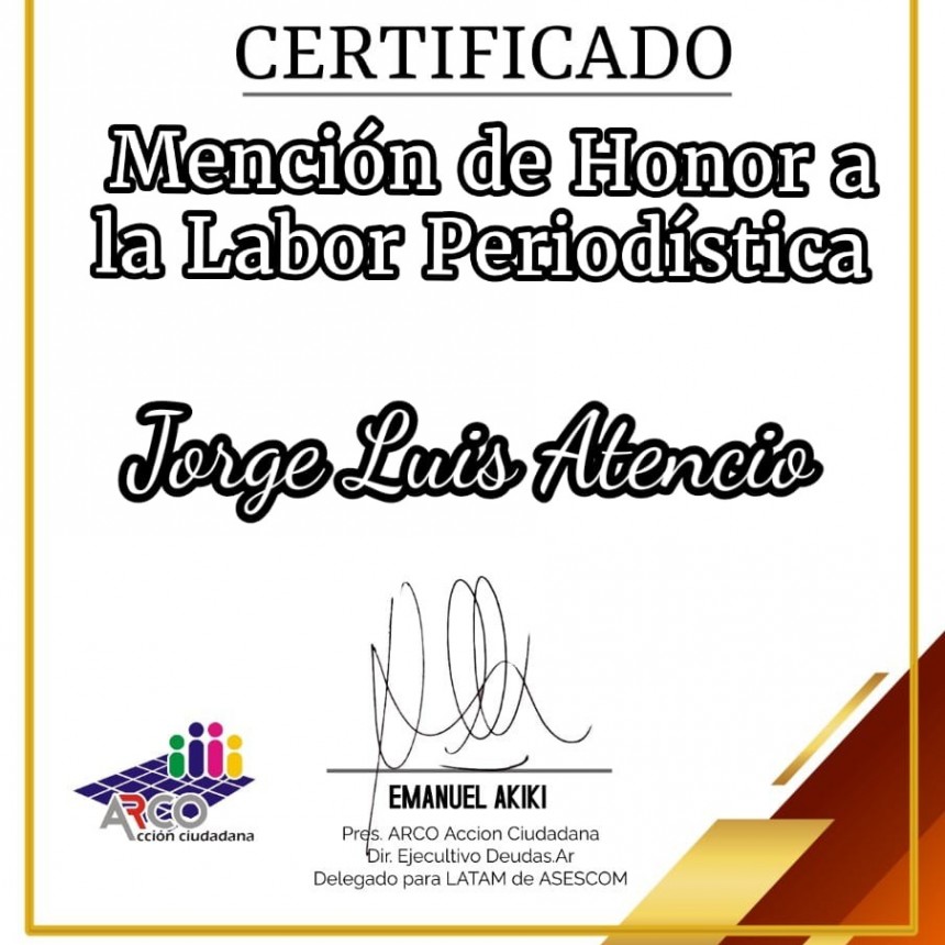 ARCO Accion Ciudadana distinguió al editor y propietario de Minibubuteinforma.com.ar