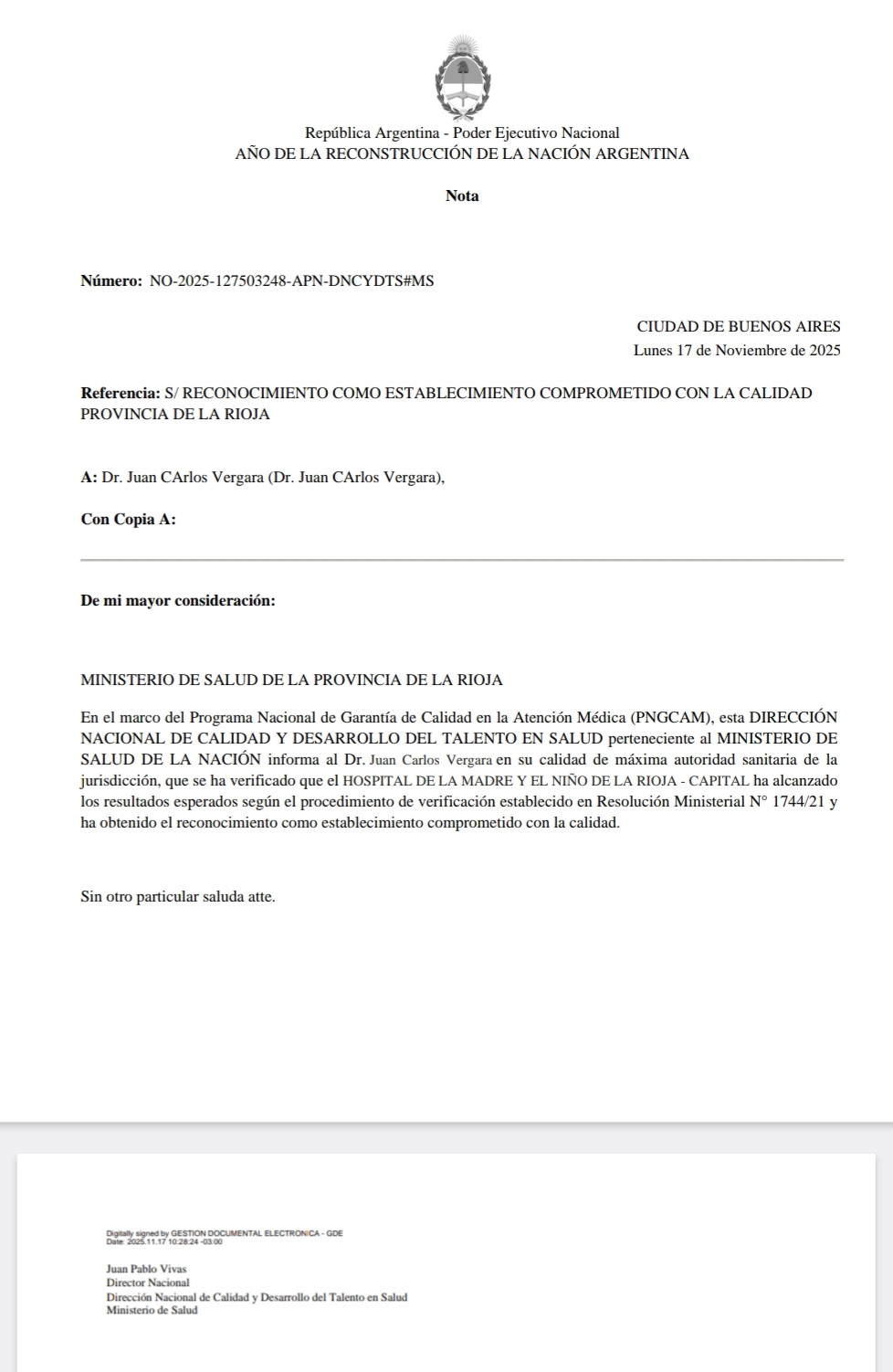 Reconocimiento Nacional a la Calidad en Salud al Hospital de la Madre y el Niño