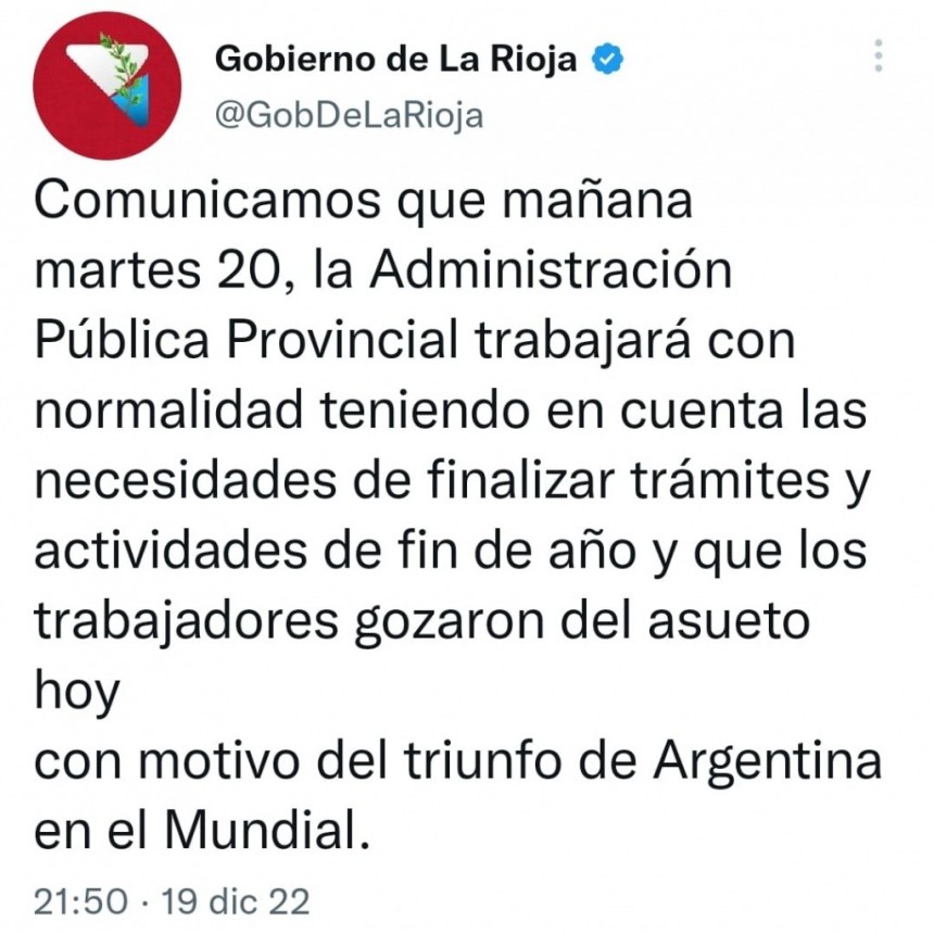 Tras el anuncio del feriado por los festejos de la selección: En La Rioja la actividad será normal