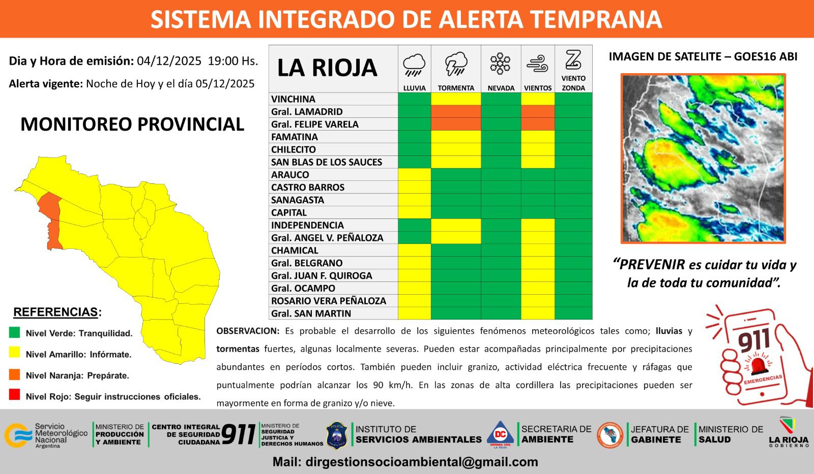 Emiten alerta amarilla y naranja por lluvias, tormentas y vientos